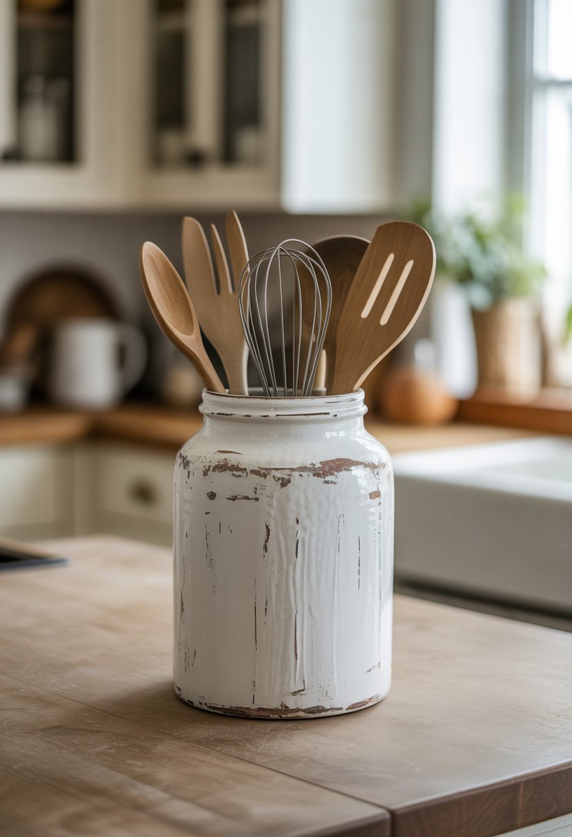A distressed white painted jar holding wooden kitchen utensils on a wooden countertop in a farmhouse kitchen.