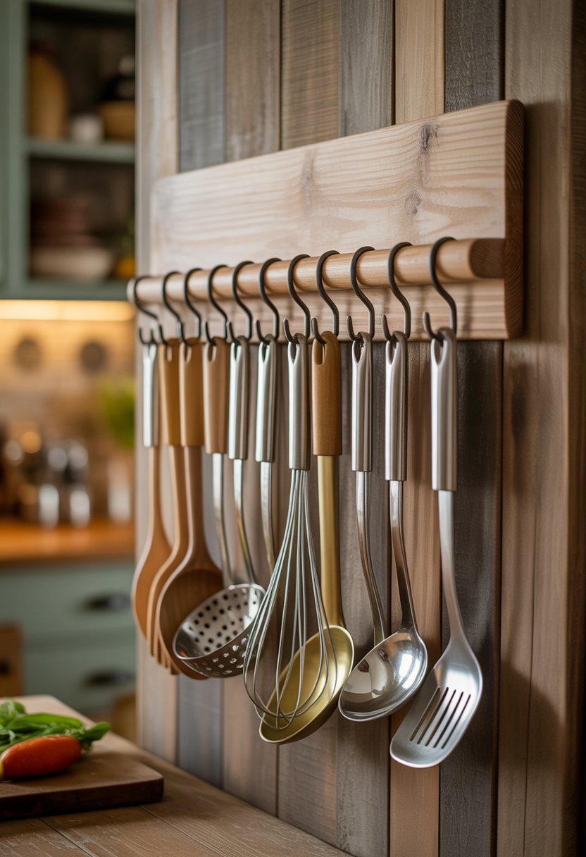 A hanging wooden utensil holder with metal S-hooks holding various kitchen utensils in a kitchen setting.