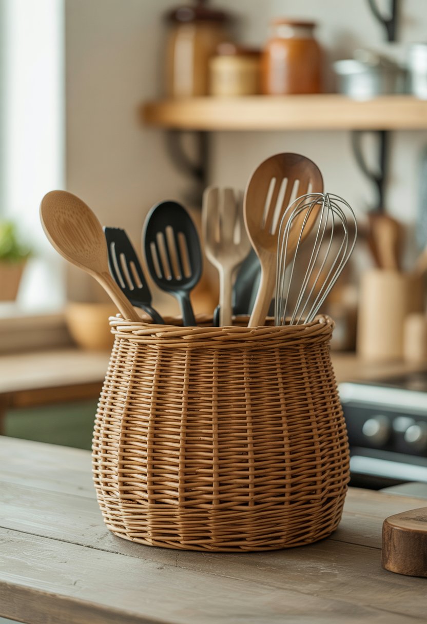 A woven wicker basket holding kitchen utensils on a farmhouse kitchen countertop.