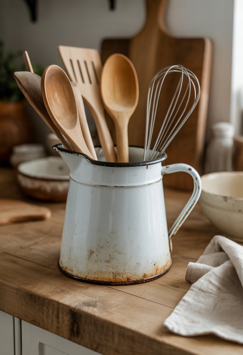 An antique enamel pitcher holding various kitchen utensils on a wooden countertop in a farmhouse kitchen.