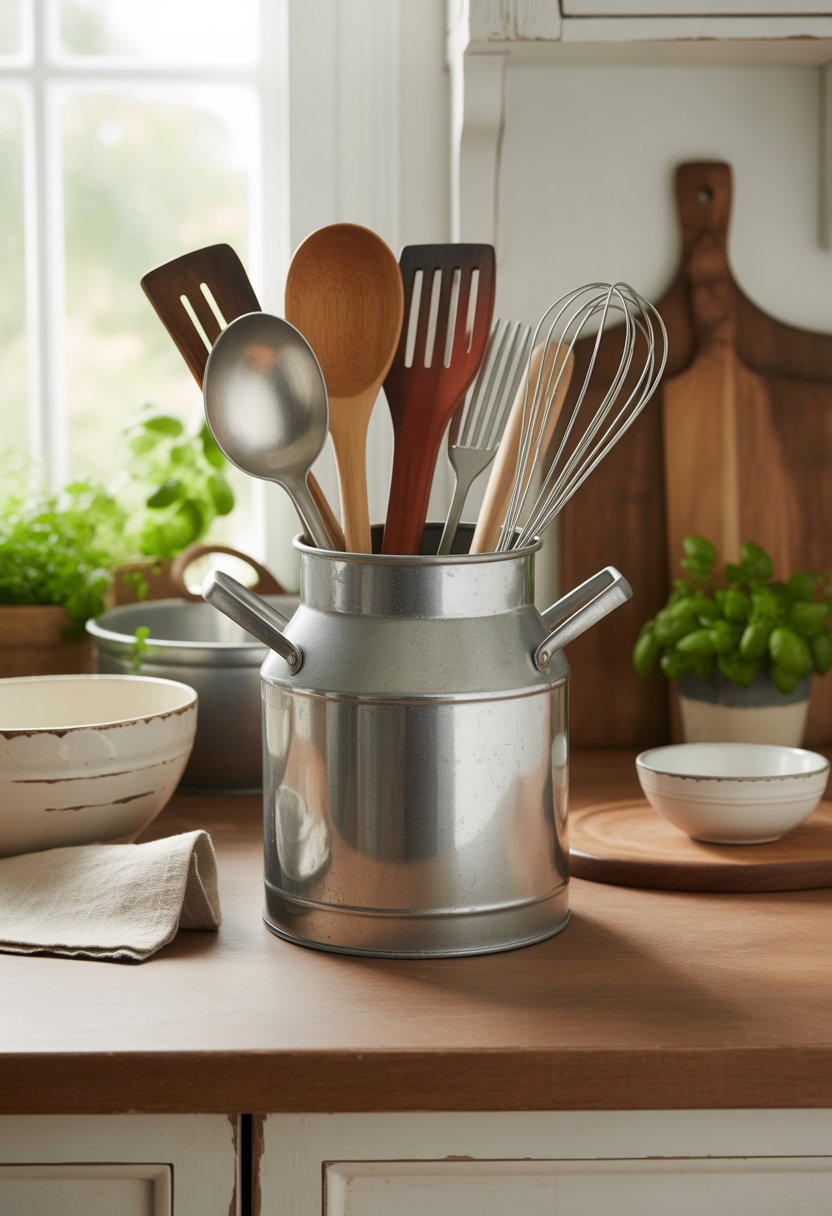 A metal milk can holder filled with kitchen utensils on a wooden countertop surrounded by kitchen items and natural light.