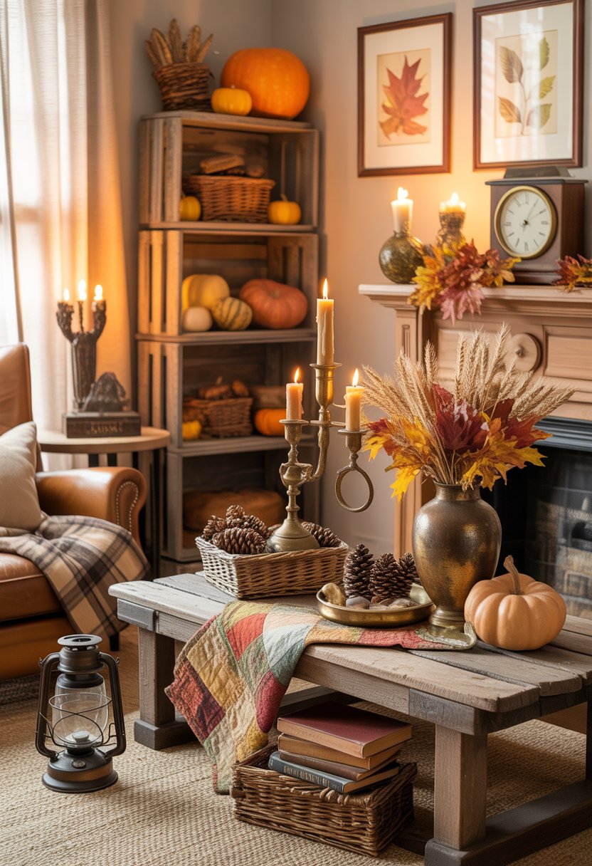 A living room decorated with various vintage fall items including pumpkins, dried leaves, woven baskets, candles, and antique furniture, creating a warm and cozy autumn atmosphere.