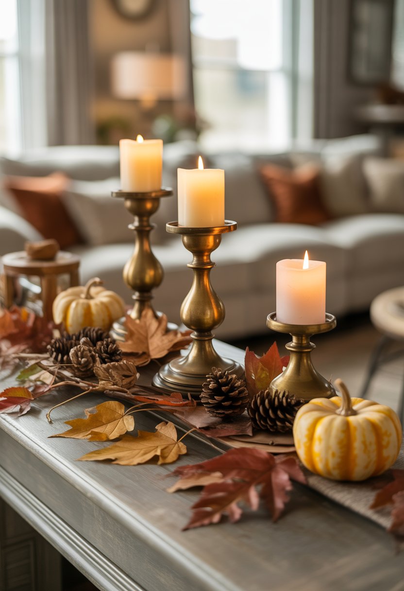 A living room mantel decorated with antique brass candle holders and various fall decorations including pumpkins, dried leaves, and pine cones.