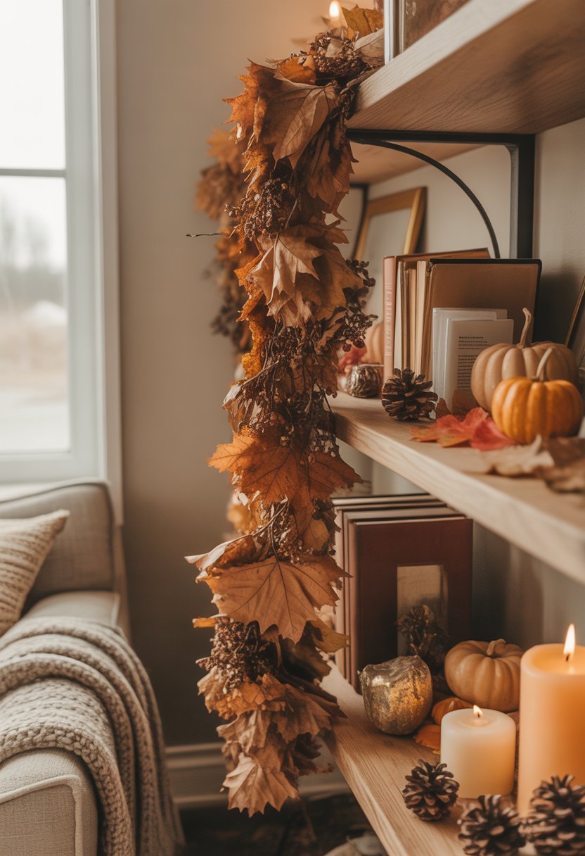 A living room corner with wooden shelves decorated with a dried leaf garland and autumn-themed items like pumpkins and candles.