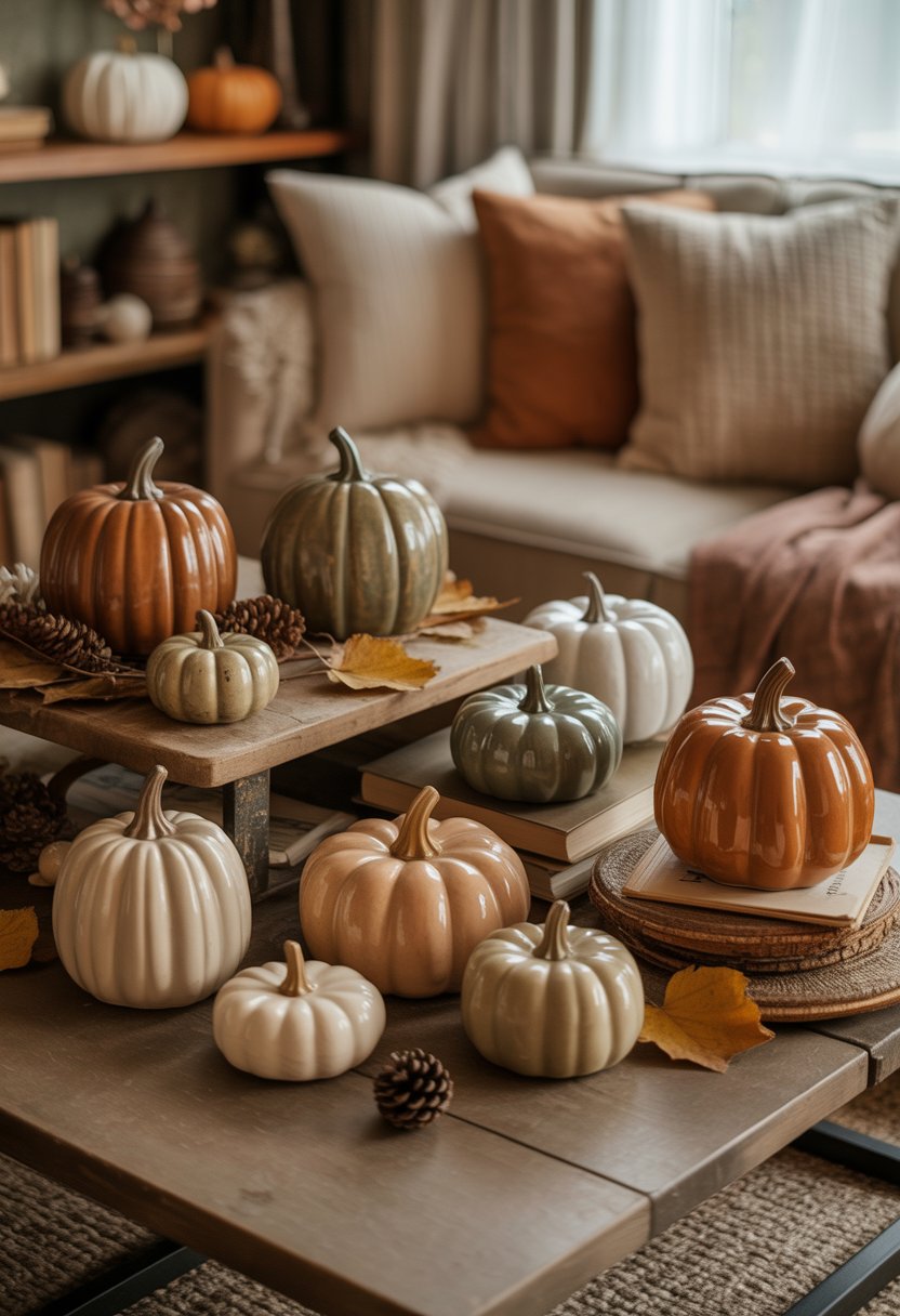 A living room decorated with multiple vintage ceramic pumpkins arranged on shelves, a coffee table, and a mantel, surrounded by autumn leaves and cozy furnishings.