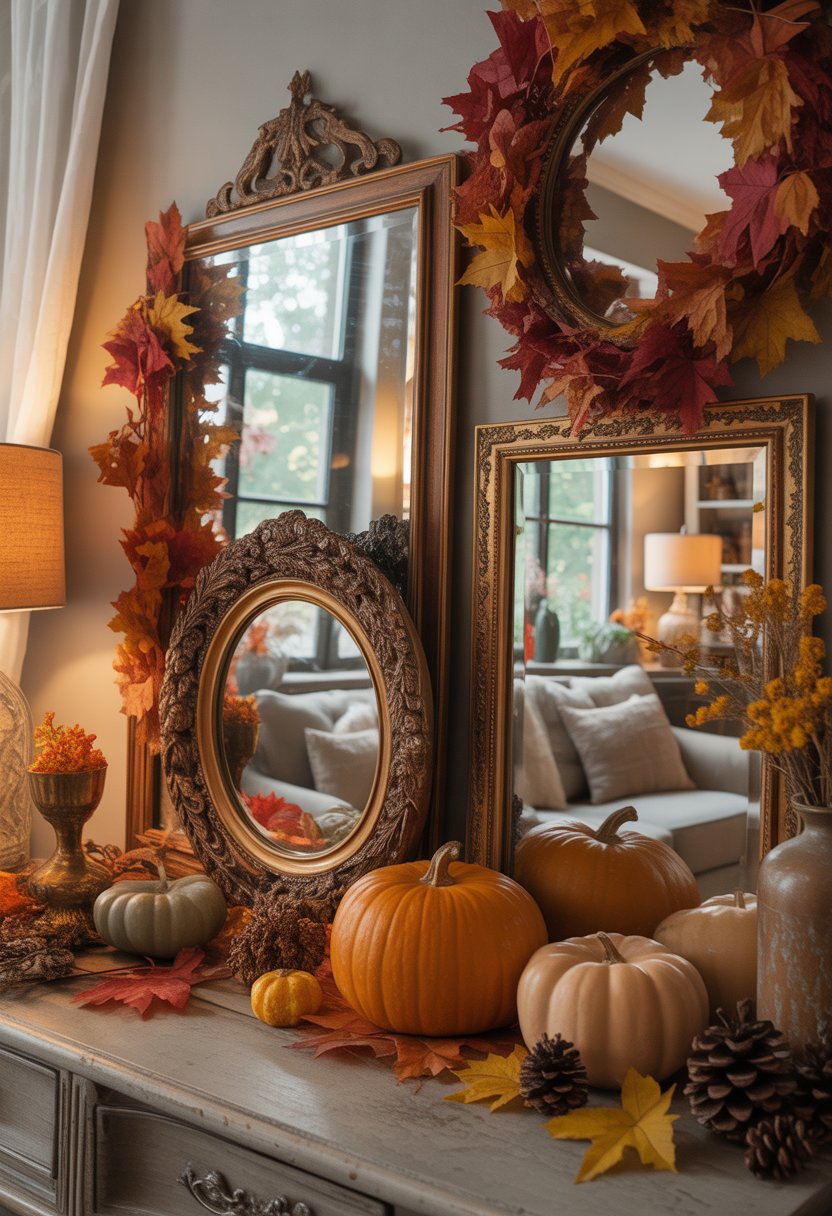 A living room decorated with ornate framed mirrors and various autumn-themed items like pumpkins and dried leaves.