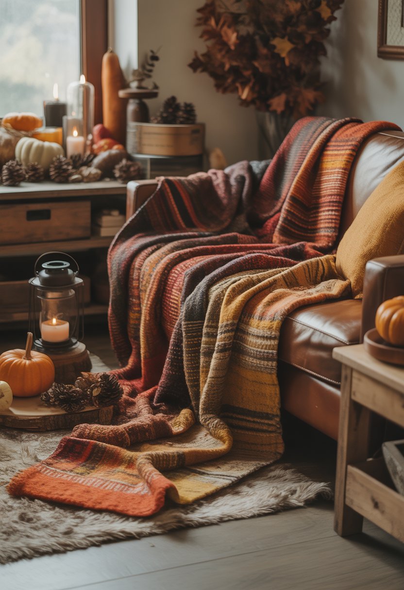 A living room with woven throw blankets on a sofa surrounded by fall decorations like pumpkins, dried leaves, and candles.