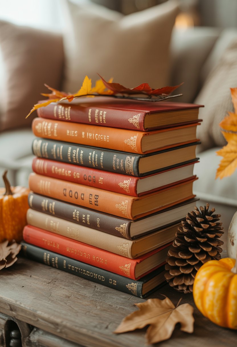 A stack of vintage books with autumn-colored covers on a wooden surface surrounded by fall decorations like leaves, pumpkins, and pinecones.