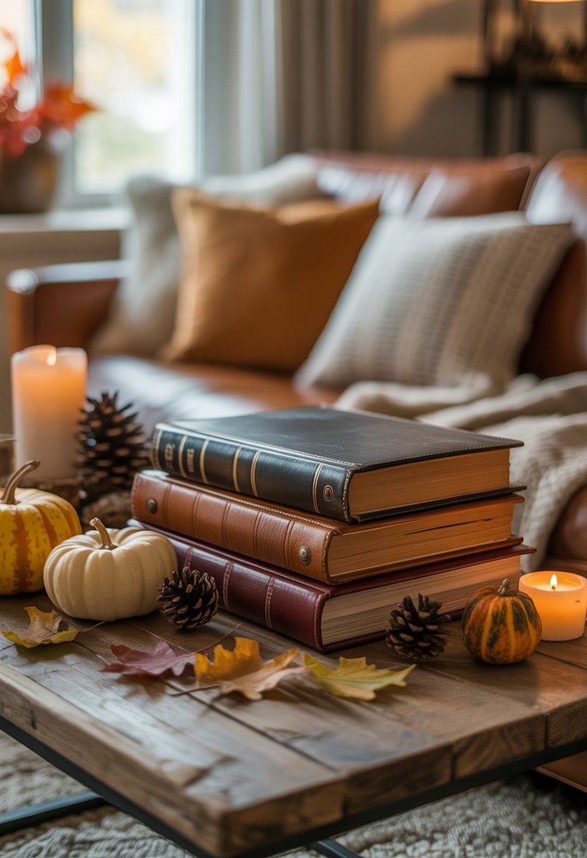 Old leather-bound photo albums on a coffee table surrounded by vintage fall decorations like pumpkins, dried leaves, and candles in a cozy living room.