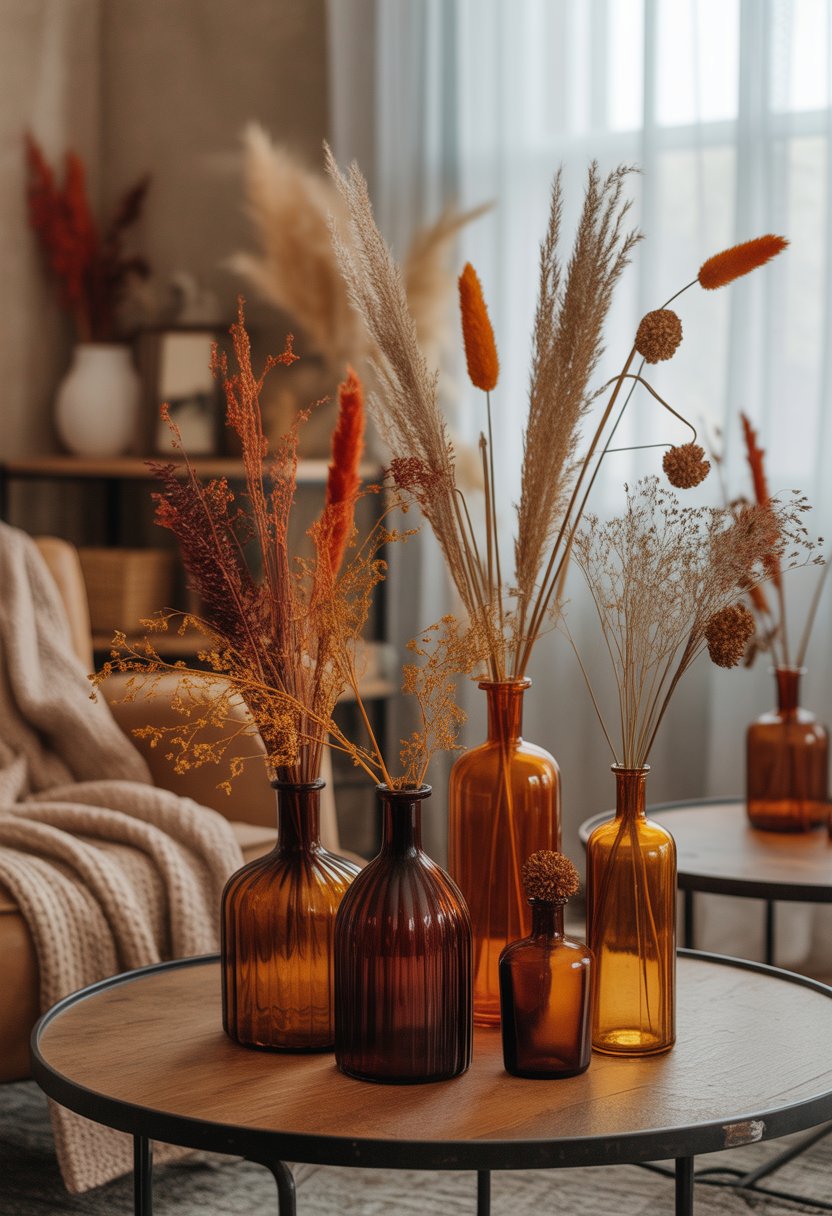A collection of amber glass vases with dried flowers arranged on a wooden surface in a living room.