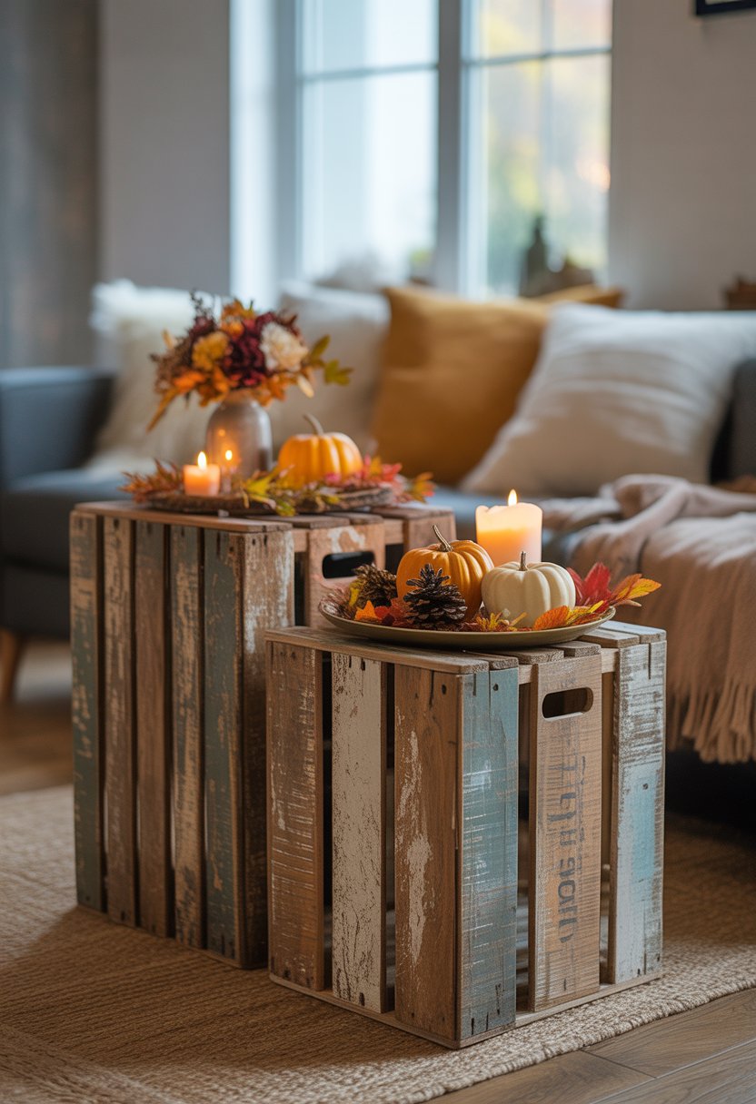 Living room with distressed wooden crates used as side tables decorated with pumpkins, dried leaves, candles, and fall flowers next to a sofa.