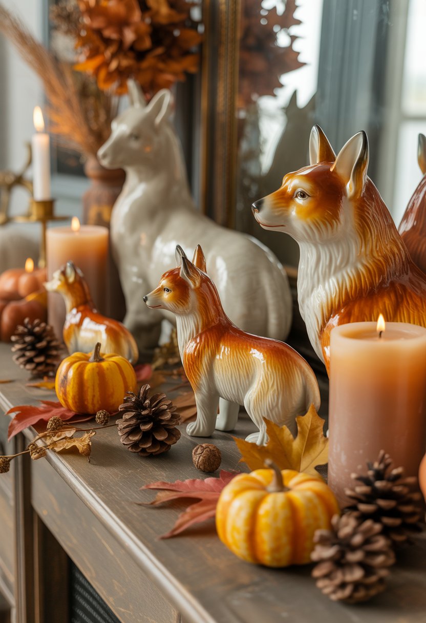 Porcelain animal figurines with autumn colors arranged with fall decorations in a living room.