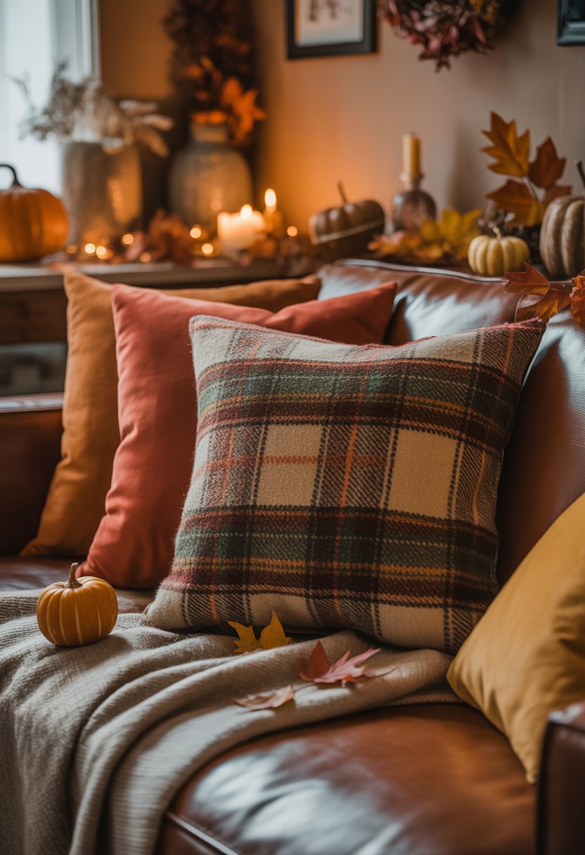 A cozy living room corner with plaid wool pillows in warm fall colors arranged on a sofa surrounded by autumn decorations.