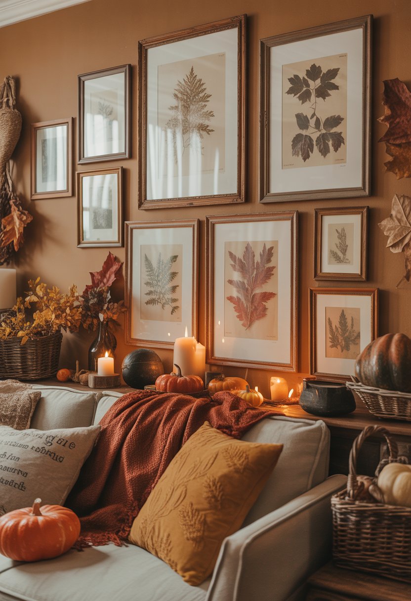 A living room wall with framed botanical prints surrounded by various fall decorations including pumpkins, dried leaves, candles, and woven baskets.