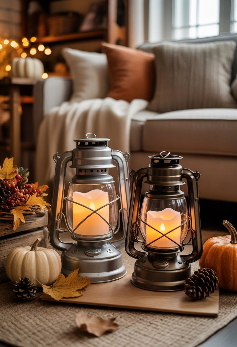 Classic metal lanterns with flickering LED candles surrounded by autumn decorations in a cozy living room.
