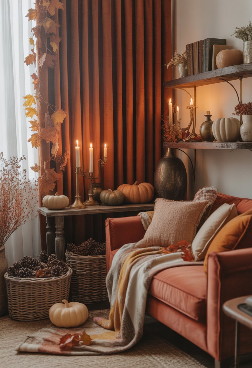 A living room with rust-colored velvet curtains and various fall decorations including pumpkins, dried leaves, candles, and vintage wooden shelves.
