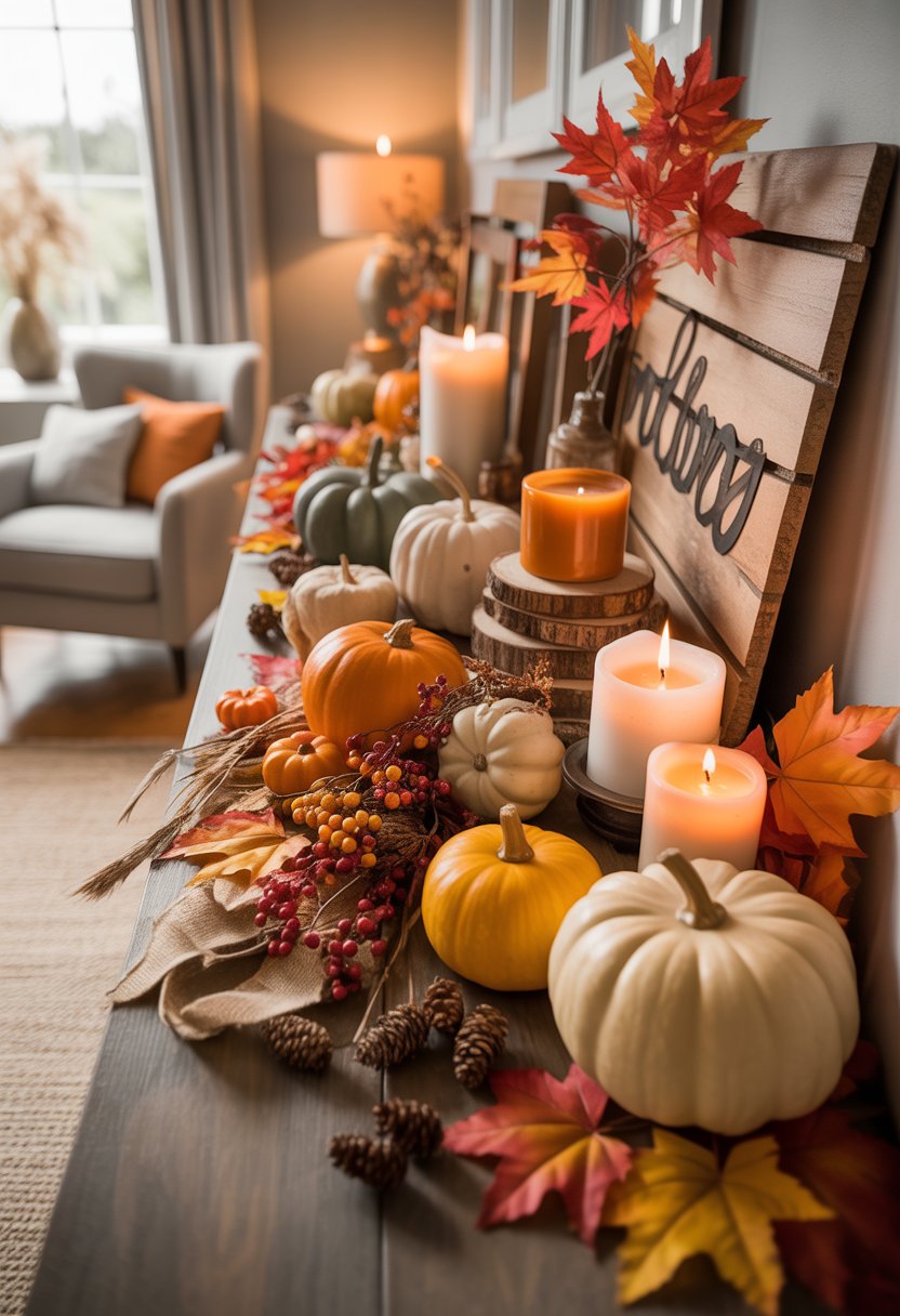 A living room mantel decorated with pumpkins, candles, leaves, pinecones, and other fall-themed decorations.