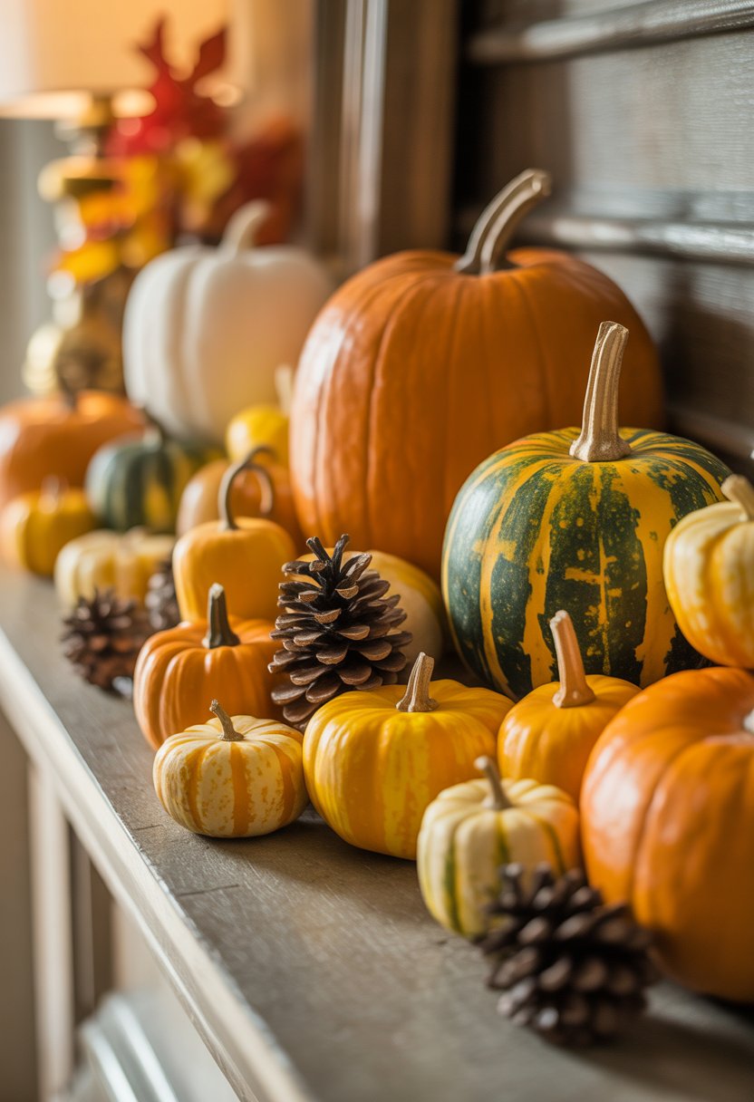 A mantelpiece decorated with pumpkins, mini gourds, and pinecones arranged together for a fall display.