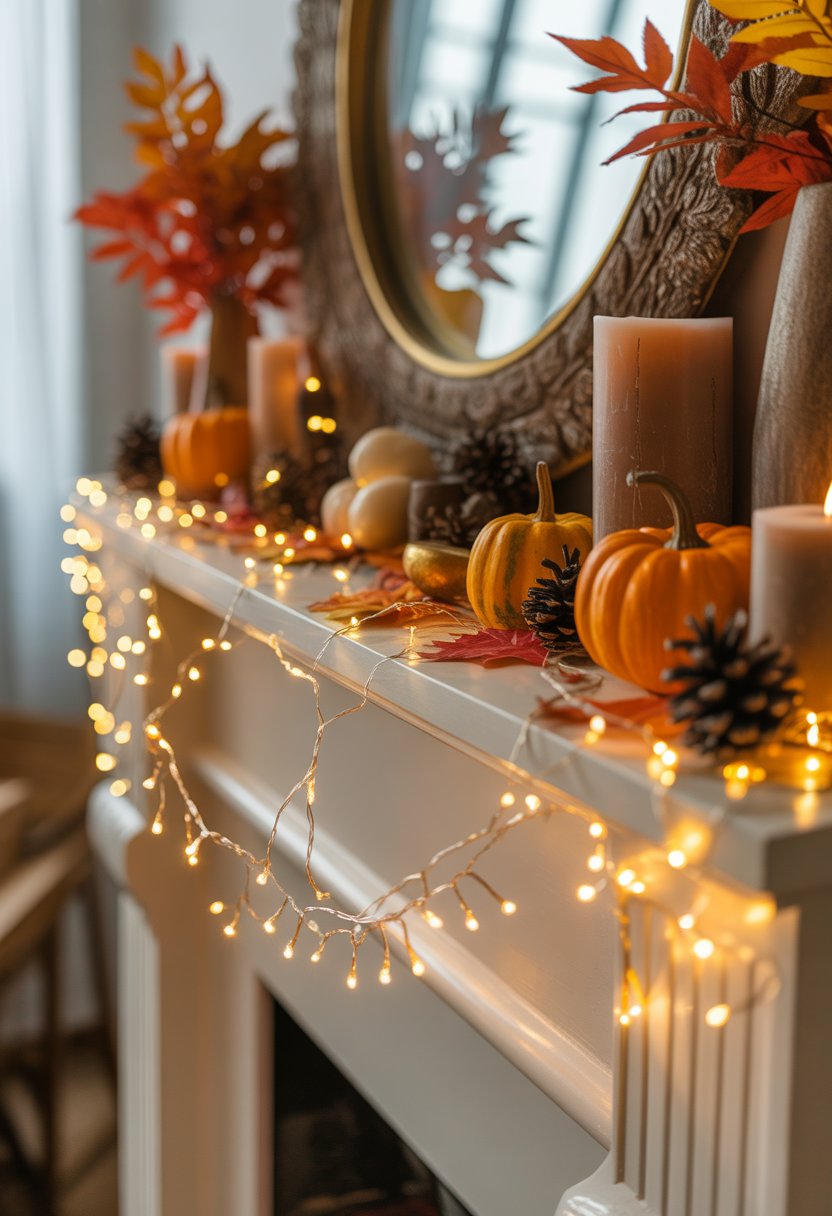 A fall mantel decorated with warm string lights, pumpkins, pine cones, leaves, and candles creating a cozy autumn atmosphere.
