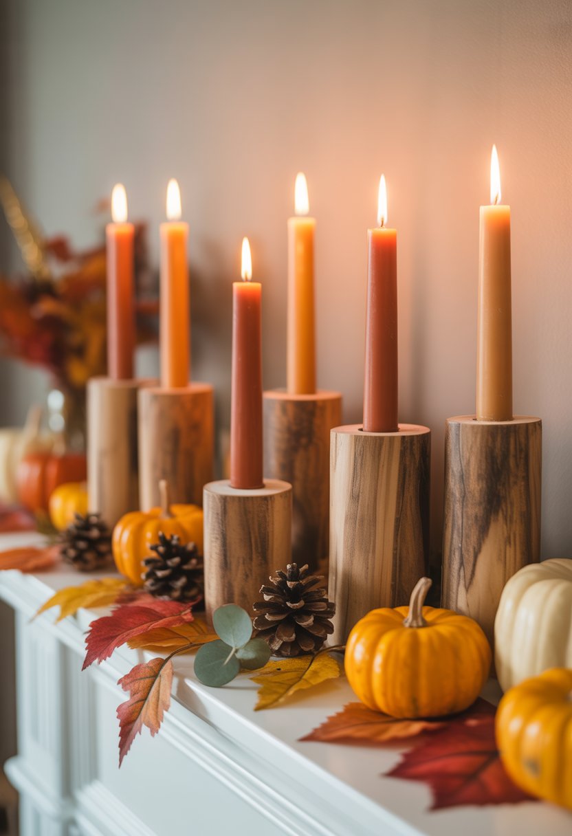 A mantel decorated with rustic wooden candle holders holding tapered candles surrounded by small pumpkins, dried leaves, and pinecones.