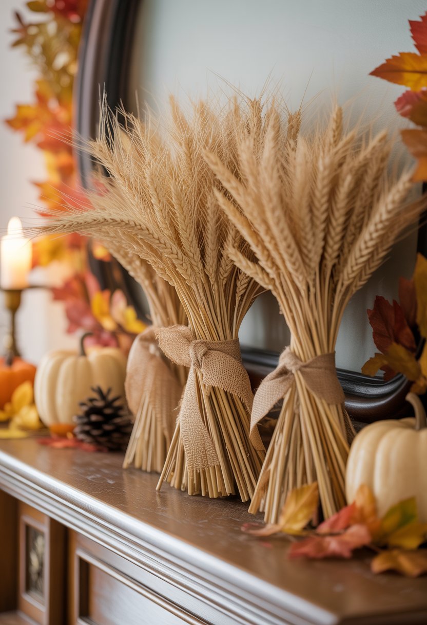 Dried wheat bundles tied with burlap ribbons arranged on a wooden mantelpiece decorated with fall-themed items like pumpkins and autumn leaves.