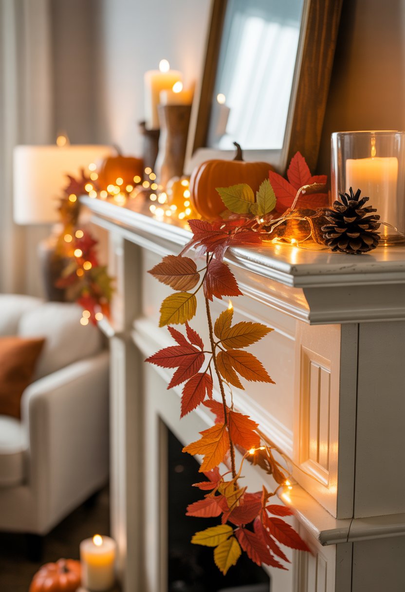 A mantel decorated with an autumn leaf garland, small pumpkins, candles, and pinecones in a cozy living room.