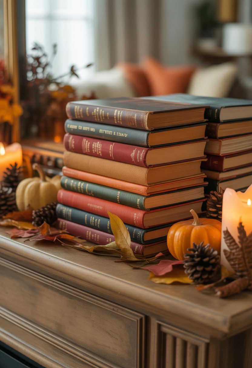 A mantelpiece decorated with a stack of vintage books and autumn decorations like pumpkins, dried leaves, and candles.