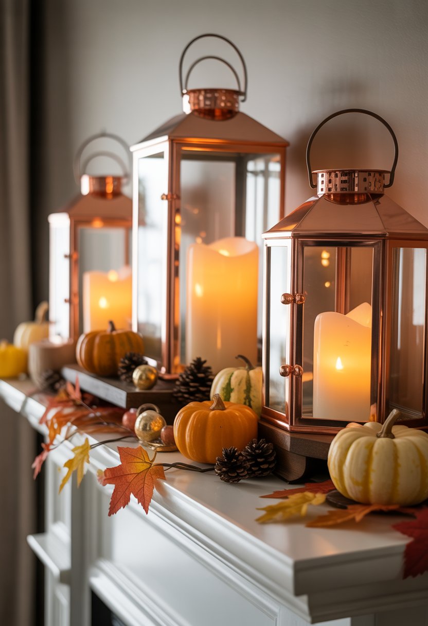 A mantelpiece decorated with copper lanterns holding flickering LED candles surrounded by fall leaves, pumpkins, and pinecones.