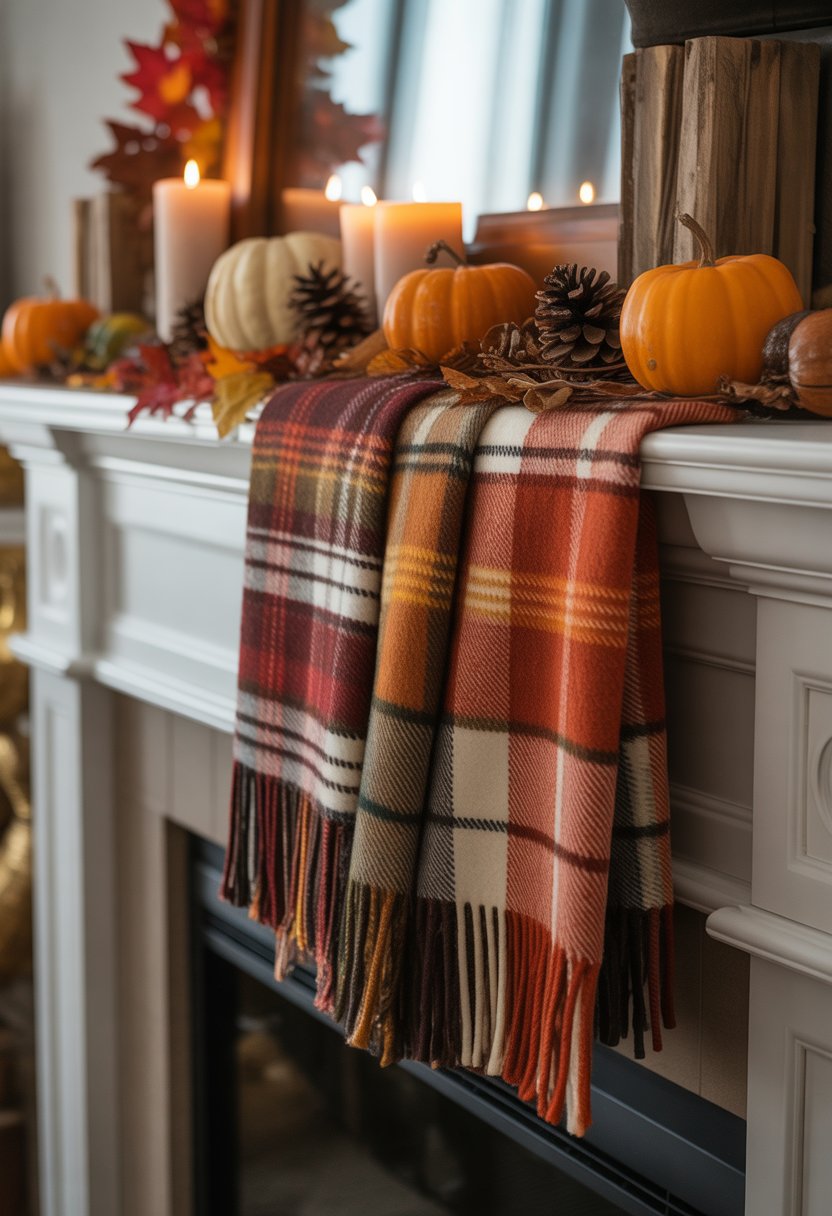 A mantelpiece decorated for fall with plaid throw blankets folded over one edge and various autumn decorations like pumpkins and candles.