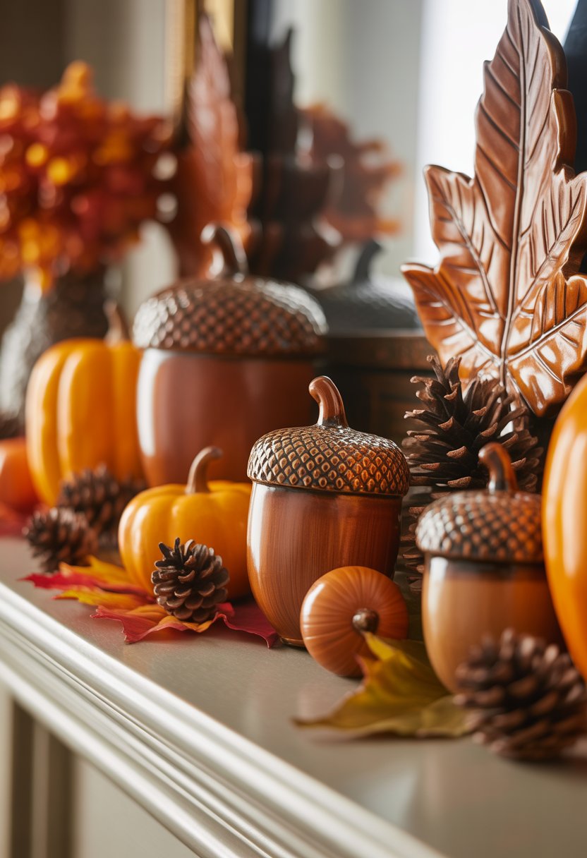 A mantelpiece decorated with ceramic acorn and leaf figurines surrounded by autumnal elements like pumpkins and pinecones.