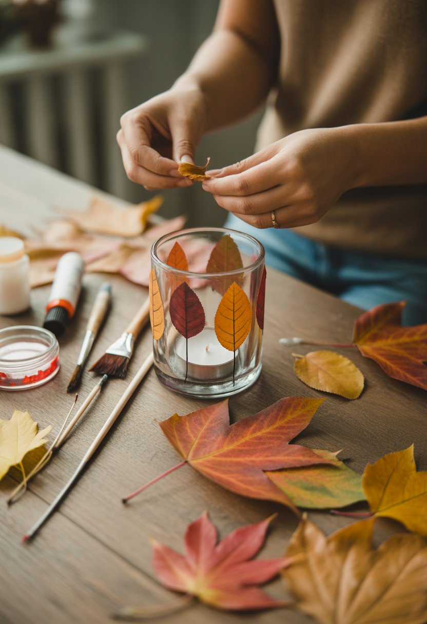 Hands decorating a glass candle holder with colorful autumn leaves on a wooden table surrounded by crafting materials.