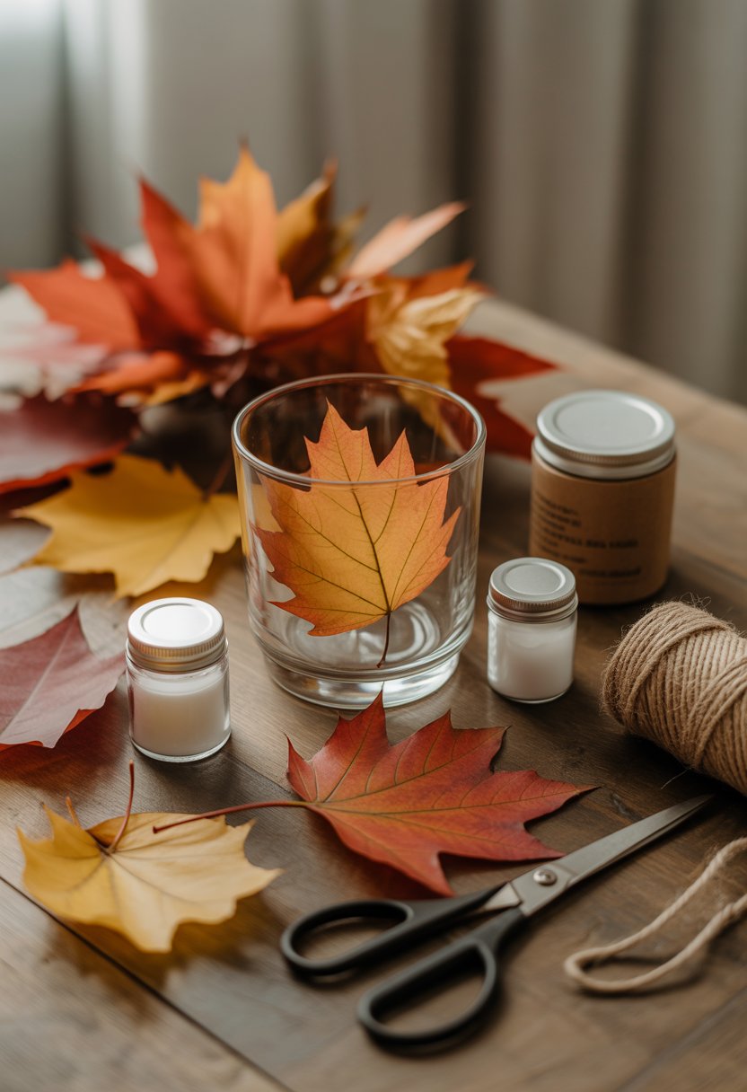 A wooden table with a glass candle holder, colorful autumn leaves, scissors, glue jars, and twine arranged for a craft project.