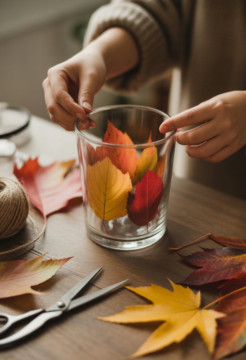 Hands arranging colorful autumn leaves inside a clear glass container on a wooden table with crafting tools nearby.