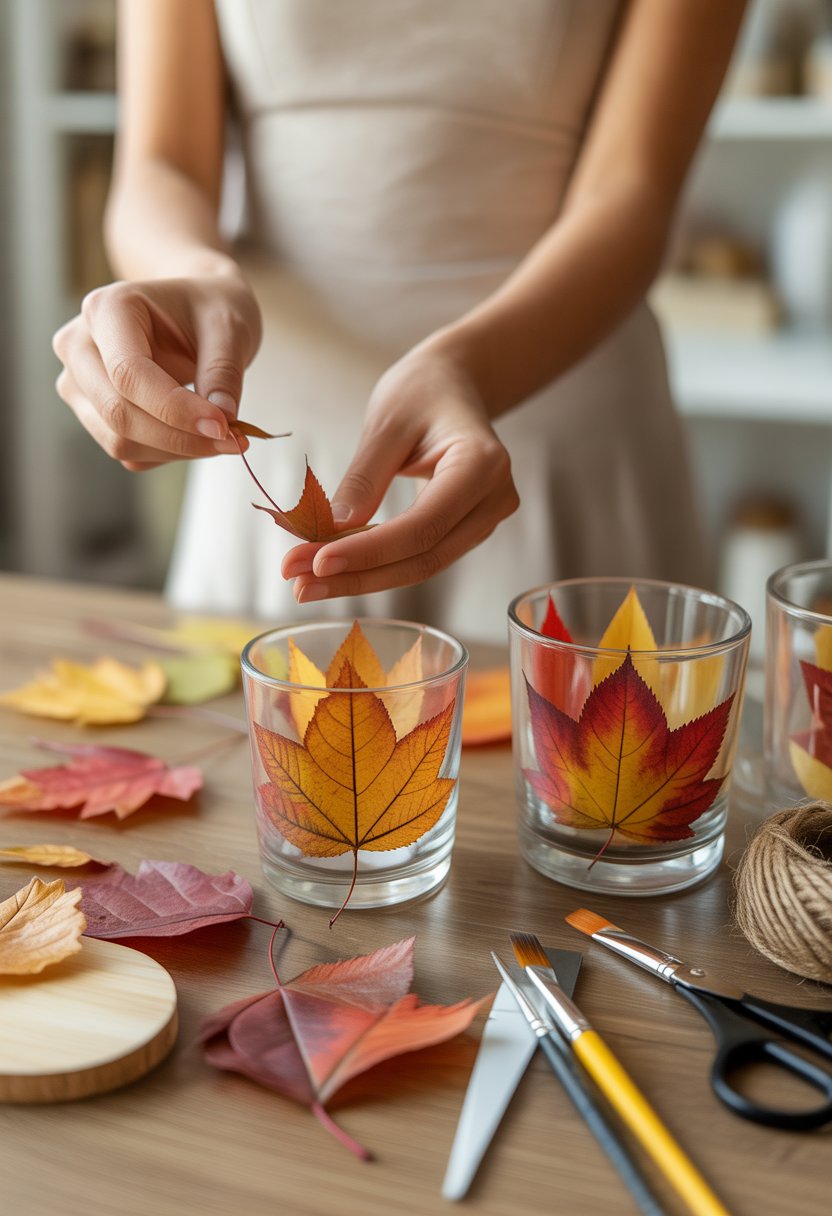 Hands crafting a vintage fall-themed glass candle holder decorated with autumn leaves on a wooden table with crafting materials around.
