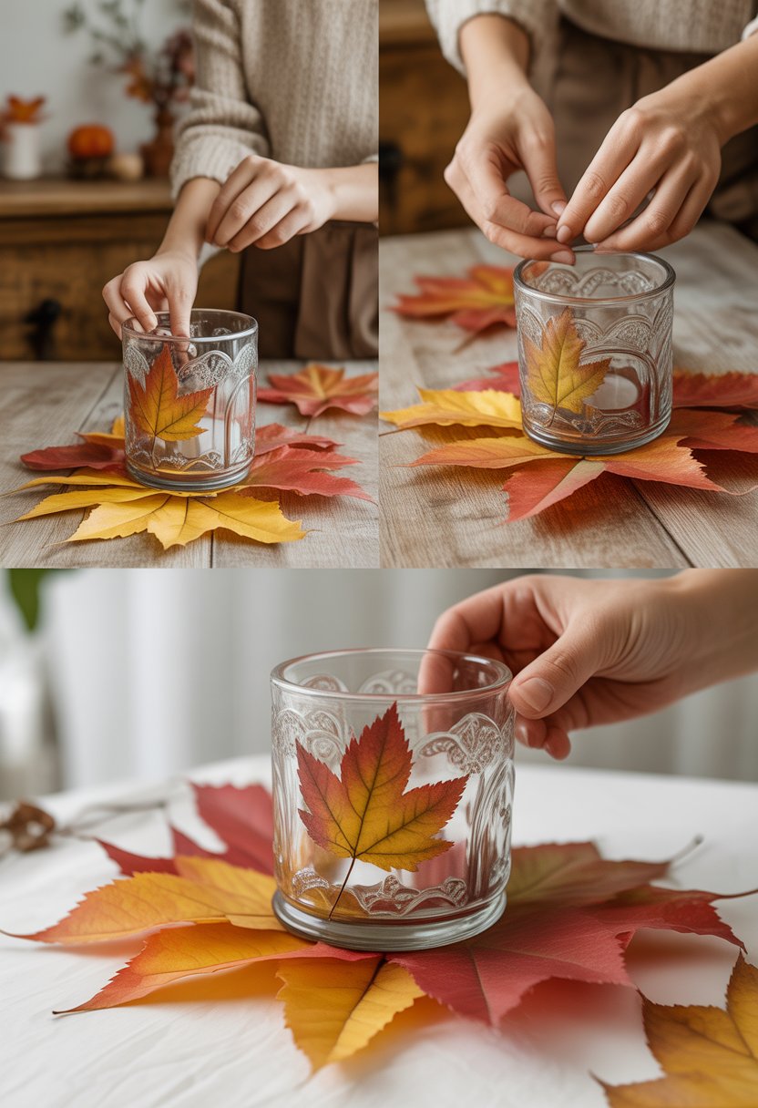 Hands decorating a vintage glass candle holder with autumn leaves on a wooden table surrounded by fall decorations.