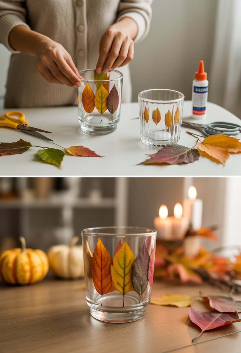 Hands assembling a glass candle holder decorated with autumn leaves on a wooden table with fall decorations nearby.