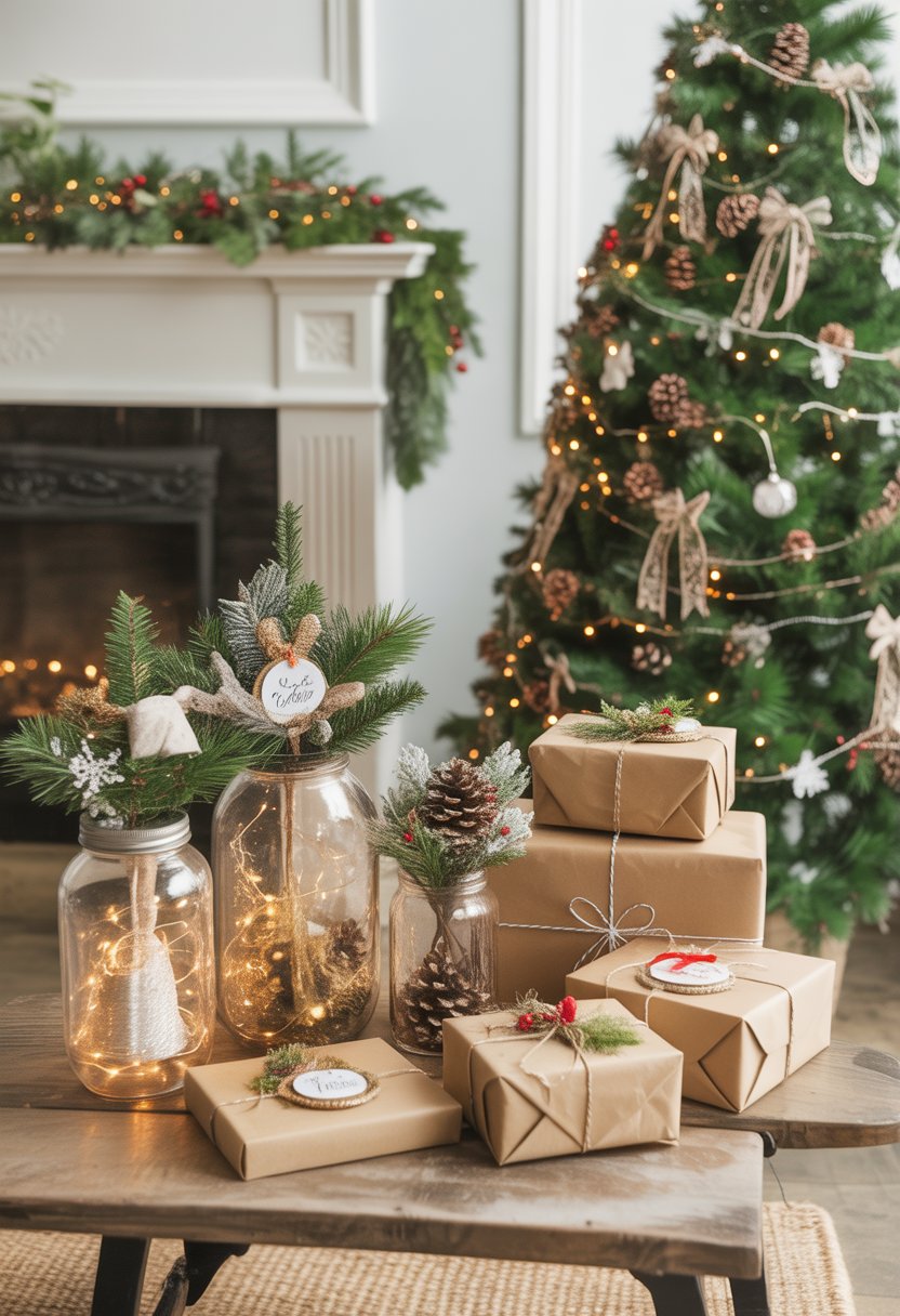 A cozy living room decorated for Christmas with a tree, handmade ornaments, wrapped gifts, and festive DIY centerpieces on a wooden table.