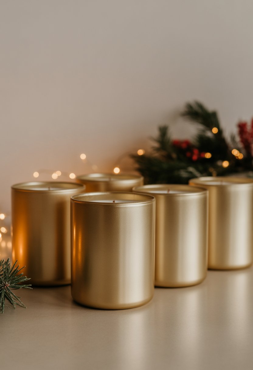 A set of glass candle holders painted gold arranged on a table with Christmas decorations in the background.