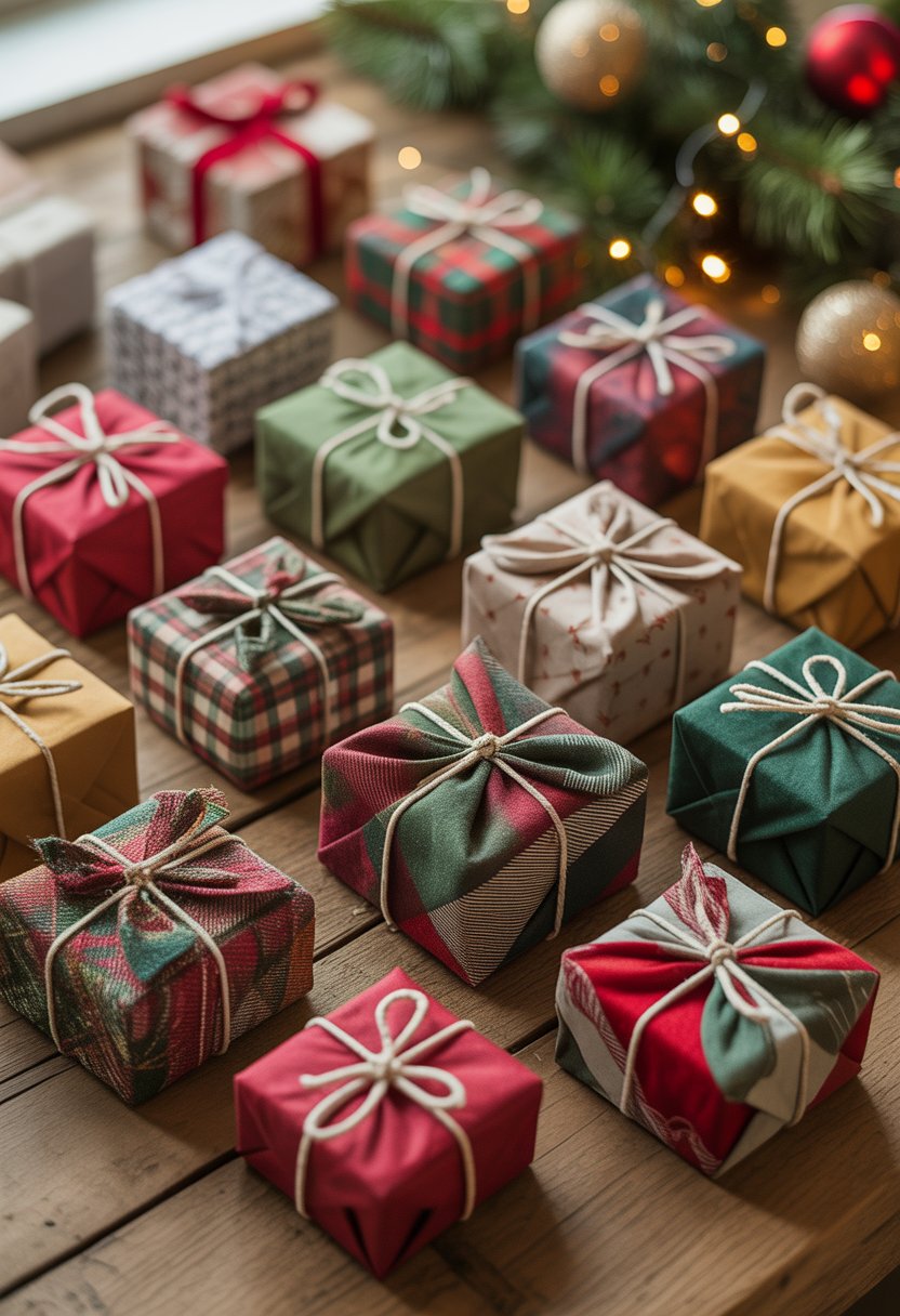 A collection of small gift boxes wrapped with colorful fabric scraps and tied with twine, arranged on a wooden table with Christmas decorations in the background.