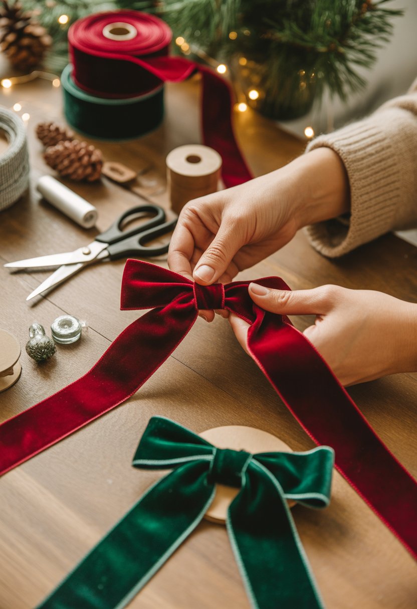 Hands making velvet ribbon bows from fabric rolls on a wooden table with holiday decorations around.