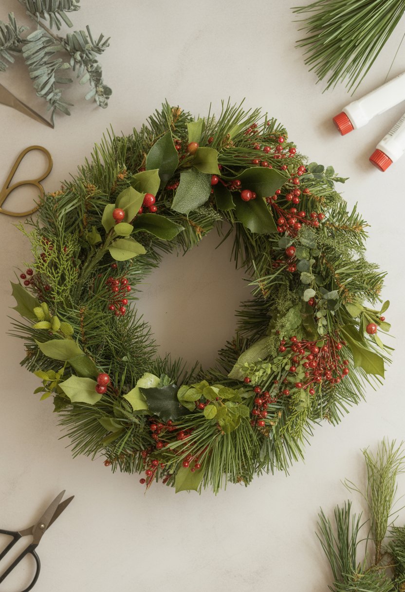 A Christmas wreath made with faux greenery sprays on a simple wreath base, surrounded by crafting supplies on a neutral background.