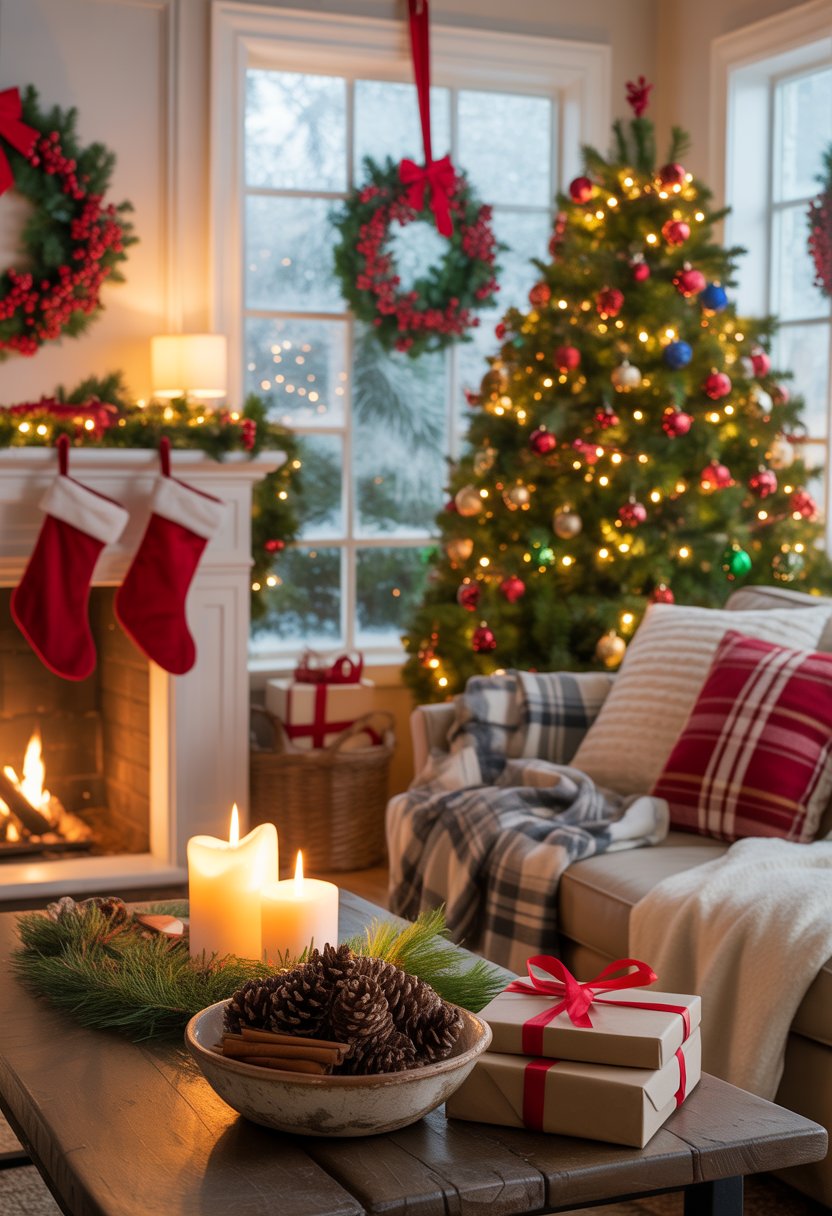 Living room decorated for Christmas with a decorated tree, fireplace with stockings, cozy blankets, candles, wreaths, and wrapped presents.