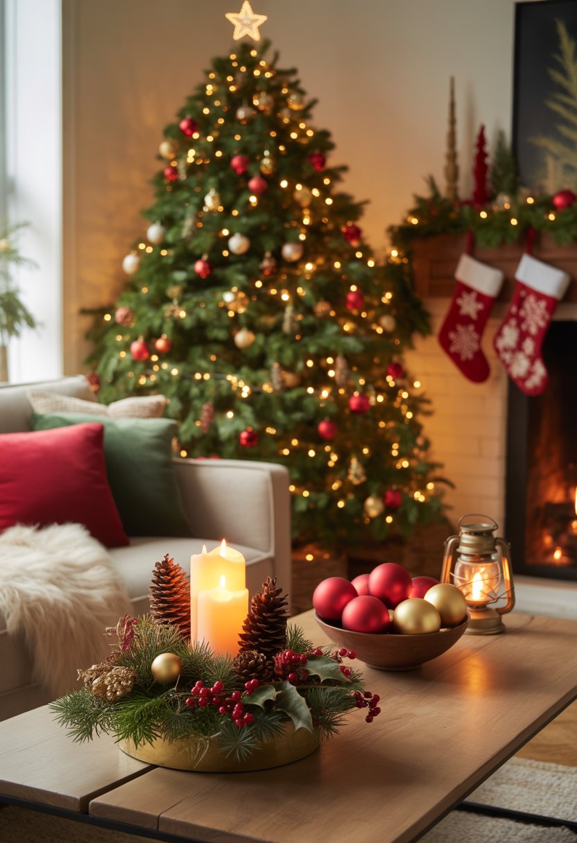 A living room with a decorated Christmas tree, festive centerpieces on a table, and a fireplace with stockings.