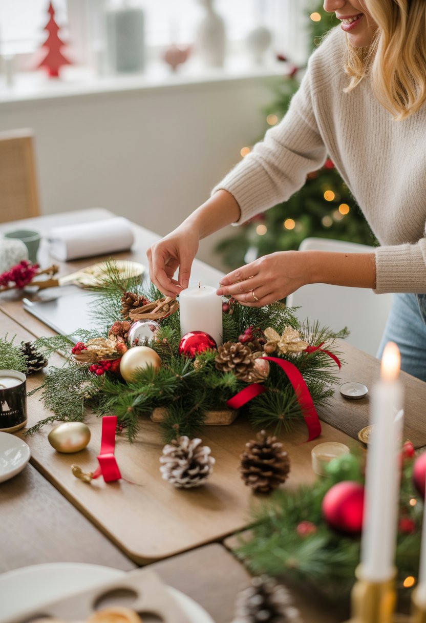 A person arranging a Christmas table centerpiece with pine branches, ornaments, candles, and pine cones on a wooden dining table in a cozy home setting.