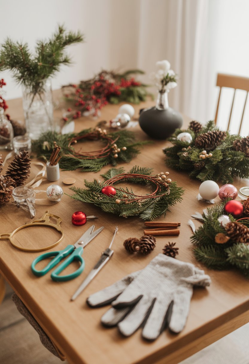 A table with various Christmas centerpiece materials and tools, including pinecones, evergreen branches, red berries, scissors, floral wire, and partially assembled decorations.