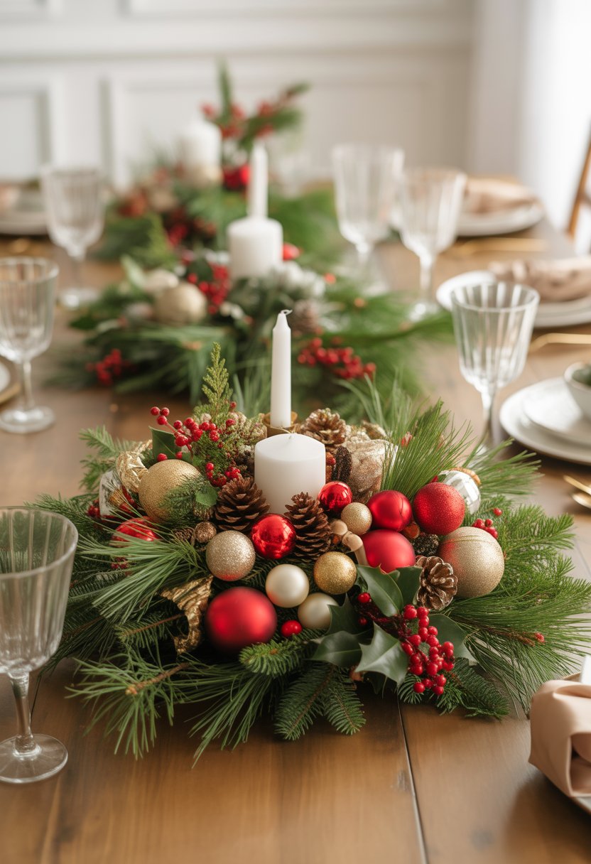 A Christmas table centerpiece with pine branches, red and gold ornaments, pinecones, candles, and holly on a wooden dining table.