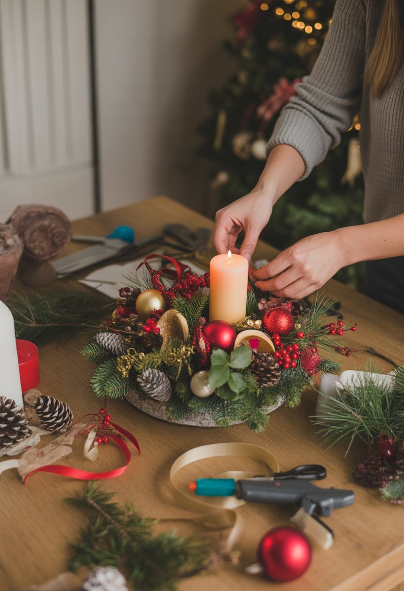 Hands arranging a Christmas table centerpiece with festive decorations and crafting tools on a wooden table.