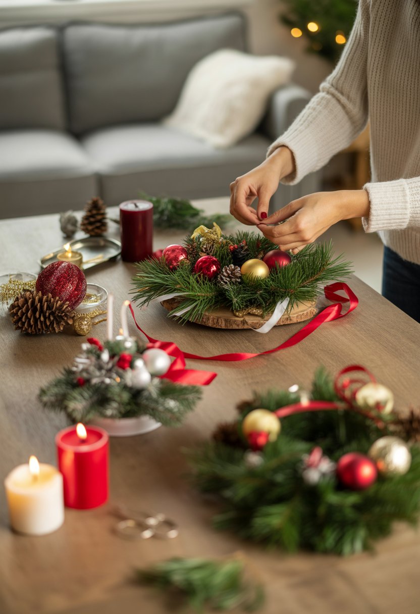 Hands arranging a Christmas table centerpiece with festive decorations on a wooden table in a cozy home setting.