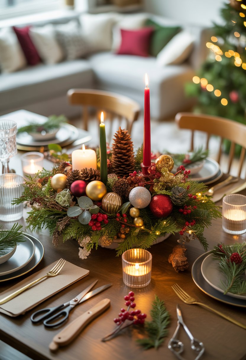 A Christmas table with a festive centerpiece made of pine cones, ornaments, evergreen branches, and candles, surrounded by plates and craft materials.