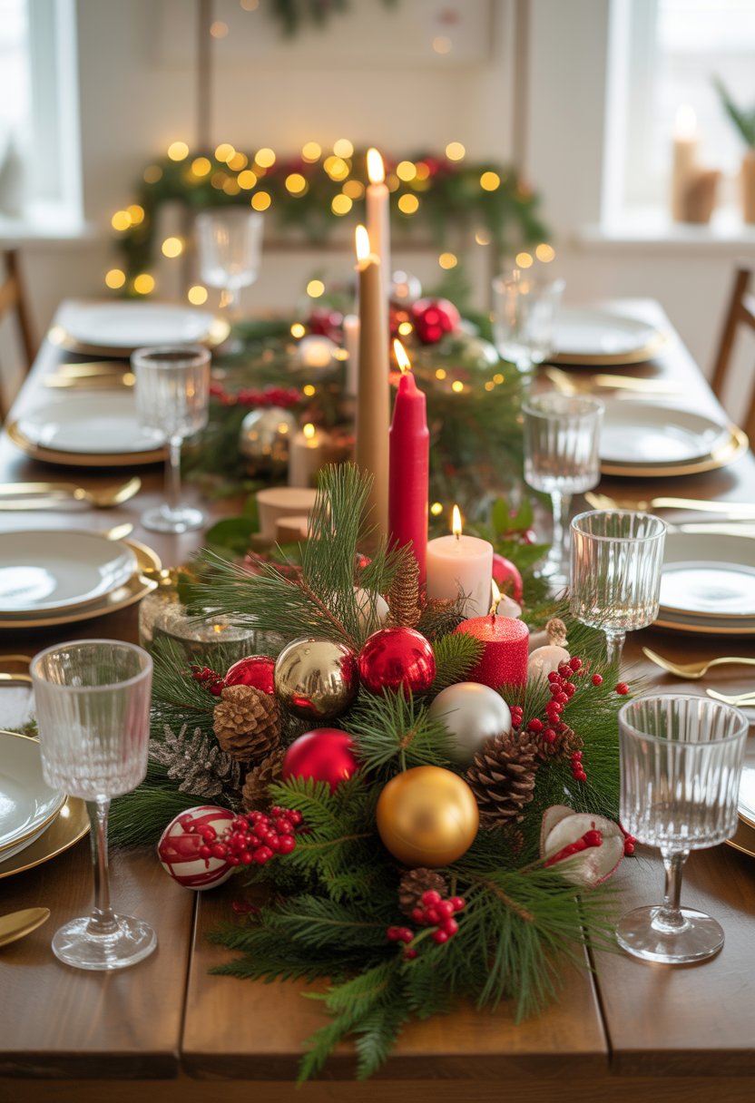 A Christmas table centerpiece with pine branches, red and gold ornaments, candles, pine cones, and holly on a wooden dining table set for a holiday meal.